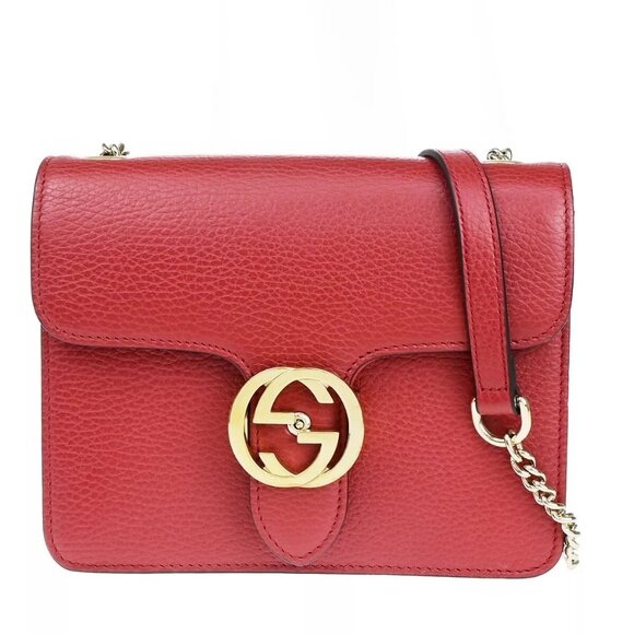 GUCCI Logo Interlocking G Mini Chain Shoulder Bag Leather Red GHW Italy 52RK396 - Picture 1 of 14